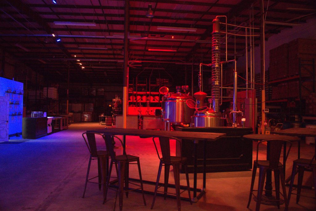 Distillery in red and blue light